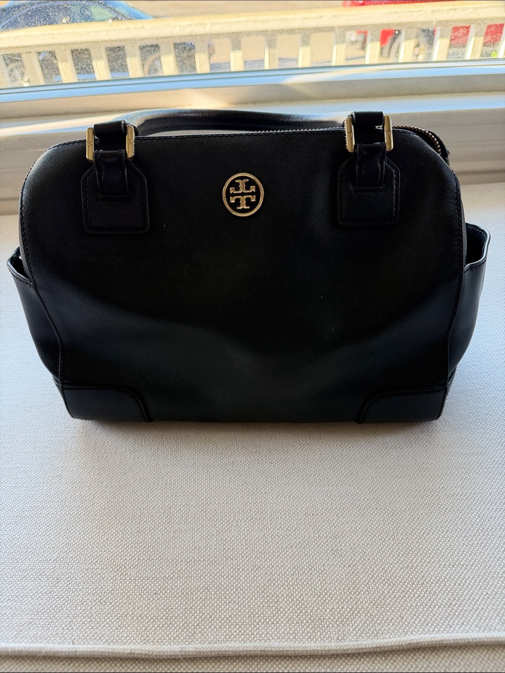 Tory Burch Black Leather Top-Handle Satchel with Gold Logo